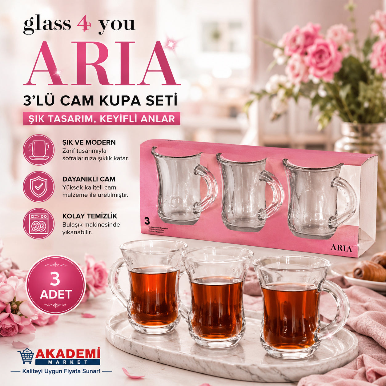 Glass4you Arıa 3Lü Kupa Çay Bardağı