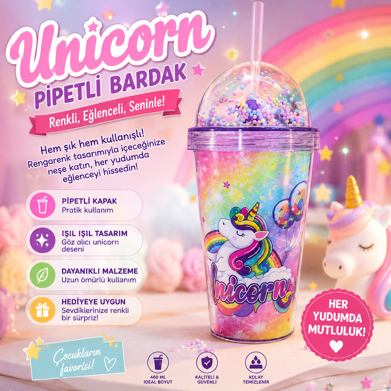 Unicorn Pipetli Büyük Bardak